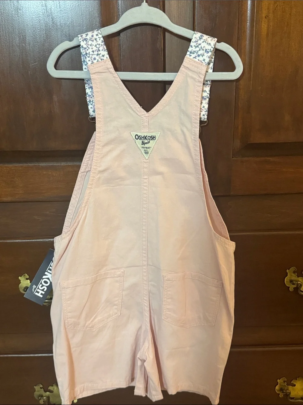 OshKosh B'gosh Pale Pink Heart Short Overalls with Floral Straps